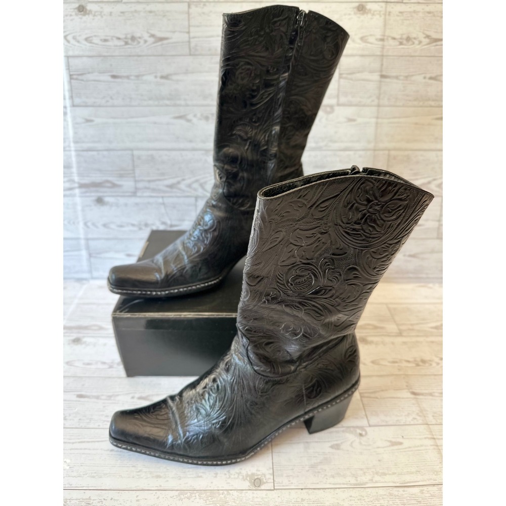 Gianni Bini Boots Womens 8 Black Floral Leather Grunge Indie Sleaze